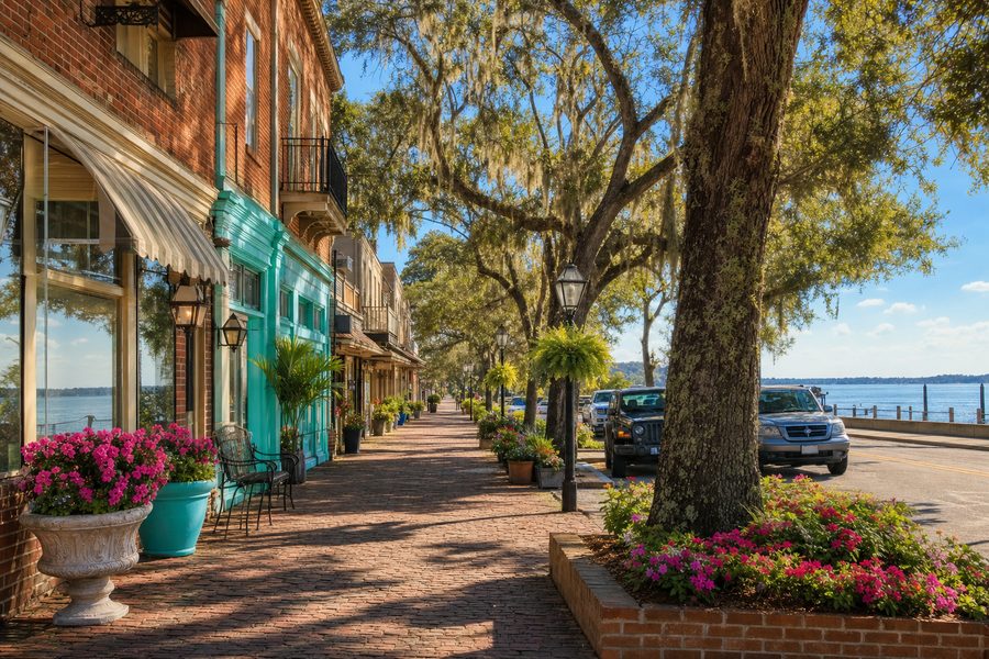 Sunny brick sidewalk with oak trees and colorful storefronts near the river in Green Cove Springs, Florida
